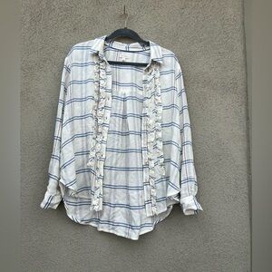 Pilcro Flannel Button Down Shirt White Blue Plaid Ruffled Soft Flannel Small